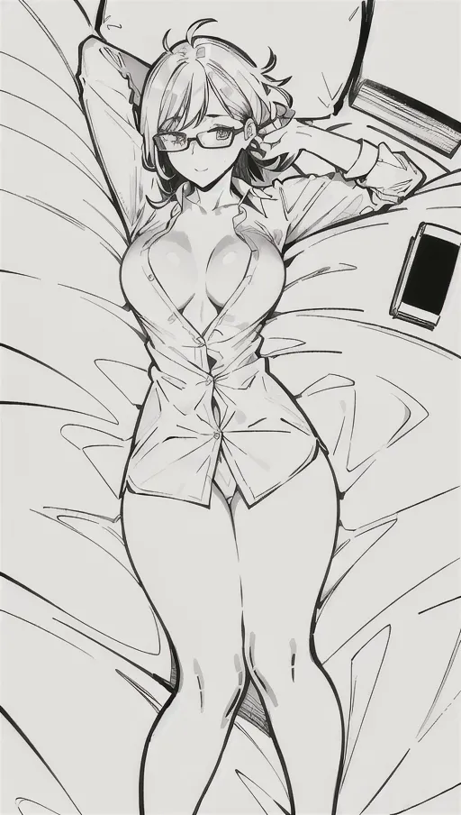 ((masterpiece)), 8k wallpaper, high quality, <lora:manga_lineart:1>, girl, black and white pencil art, Boichi manga style, global lighting, small perky breasts, lean slender, ((businesswoman outfit)), short side bang messy hair , thick rimmed glasses,
laying down in bed, (((legs spread apart))), (((hands unbuttoning blouse exposing breasts)))