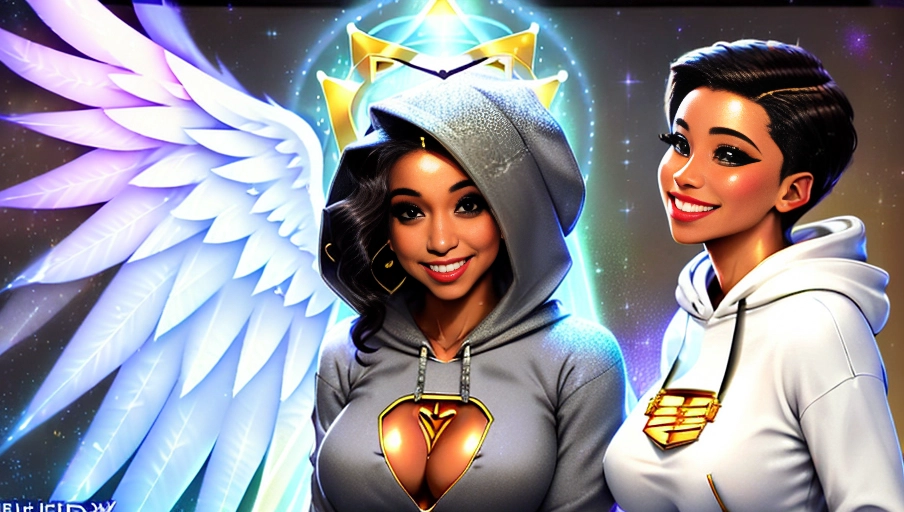 a 64k high detailed photo of Female Angelic, HDR Professional ((In clothing))) ((Has Attire)) Godly Ultra Detailed Best Quality Most Detailed ((Angel Wings)) Angelic Lighting Love Hope Magic casting Crown Smiling Queen happy Glory Warrior Angels Angelics Positivity Happiness ecstasy enraptured sweaty saving God Royalty Morality Goodness True Good Power Force Authority Ethical Saviour Halo short Hair Always and Forever Sentimental in heat hot ultra hot best best lighting tantric Neutral Brilliant Logical Compassionate Perfect Perfection Exciting Integrity Winged Courage Purity Harmony Beauty mark on upper lip ((Female)) Ethereal Lighting Celestial Lighting (((With Hoodie))) ((With God Item)) ((God Tech)) with items of power God Wings ((Afterlife Light)) (Perfect Tits) (Perfect Ass) (Perfect Pussy) (Love Worship) ((Happy Expression)) ((smiling)) AJH True Happiness (Pleasure) (True Love) ((((Crew Cut Hair)))) (((Black Hair))) ((Angelic Hair)) (((Purity))) ((Pure))
