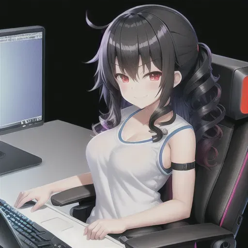 cute futa with a huge hard penis, pitch black curly medium hair, sitting on a gaming chair, facing computer screen, hands on keyboard and mouse, cute clothes, smirk, arrogant expression, dark night background, gaming desk, computer, colorful, no lights, high quality, disdain, cute nose, small breasts, slim body, perfect skin, pixiv, unreal engine