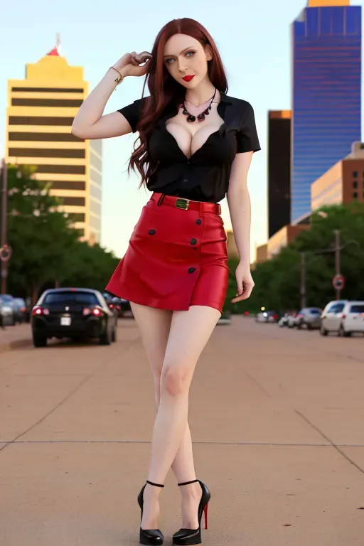 full body, chestnut hair, green eyes, short girl, red miniskirt, black high heels, looking at viewer, long hair, pale skin, black necklace, black shirt, 24 years old, big breasts, cute face, pov, wavy hair, city environment, Oklahoma City, wide eyes, erotic, skirt tug