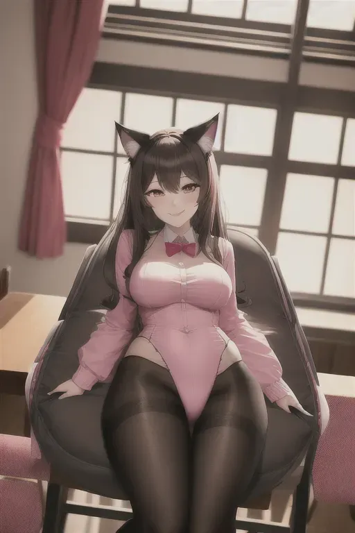 wide shot, 20 year old, a cat girl, slim, stockings, pink, dining room, daytime, indoor lights, happy, 8k, professional