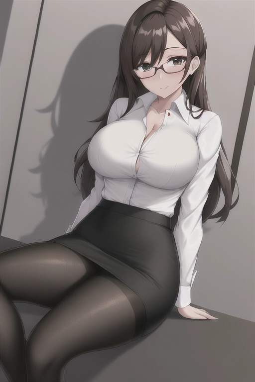 uhd, best quality, 1girl, milf, glasses, white button up shirt, black pencil skirt, tights, big butt,