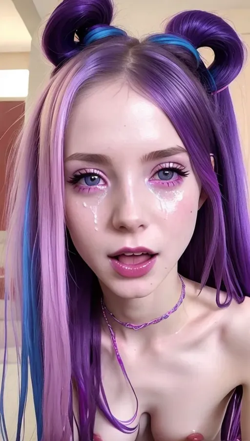 cuter, body oil, pig tails, lots of semen on face, lots of semen on body, white slime, straight hair, pink hair, purple hair, blue hair, high detail, anorexic, Skinnier, small tits, tiny tits, (wet), oiled, high resolution, (8k), show full body, multiple girls, (view from below), (one girl sitting on face of another), (open mouth), pouring milk on body, soaked, two girls kissing, more cum, girl eating cum from vagina, high quality makeup, eye shadow, emo, thick black eyeliner, drinking from vagina, add more cum to face and body, more white cum, soaking wet, slimey, more anorexic, spreading pussy, pussy gushing, open mouth, sad, crying eyes, lesbians, kissing, sucking on pussy, licking pussy with tongue, two full bodies