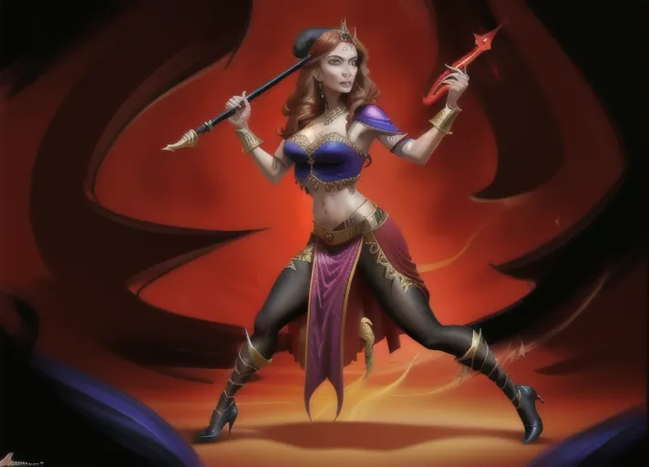 evil Arabic sorcerer Jafar of Agrabah dressed in black and red portrayed by Marwan Kenzari, uses his magic golden cobra headed staff to transform beautiful Nordic bright fiery auburn haired blue eyed Queen Anna of Arendelle portrayed by Elizabeth Lail into his loyal adoring harem dancer. photorealistic. <lora:dpmg_snake_coiling:1>
