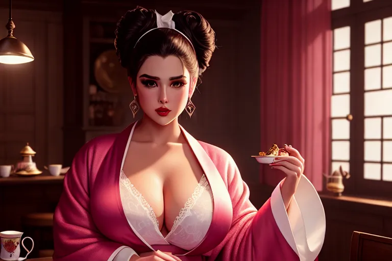 a illustration of,bella poarch,wearing bathrobe,touching breasts,in a tea party,small breasts,five slender fingers,updo hair,charming face,beautiful lips,curved eyebrows,tattoo,pixiv,cinematic lighting,surreal,professional,ultra realistic