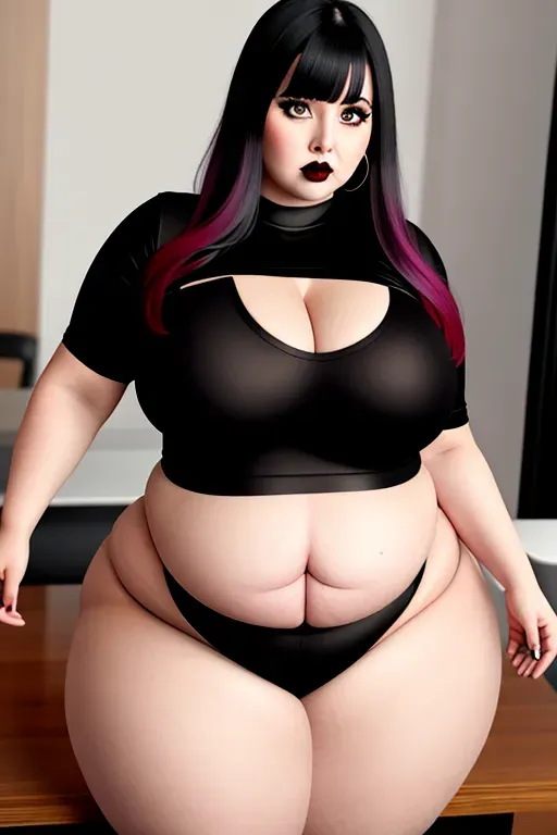 a photo shot of, an ssbbw girl, goth girl, beer belly, mom bod, huge mom bod, fat mom bod, bloated, fat gut, huge gut, stuffed gut, swollen gut, huge stomach, giant beer belly, blushing, stuffed belly, chubby cheeks, indoor, fast food restaurant, thick neck, bombshell, slutty, fattest girl, huge breasts, large belly, huge belly, fat belly, fat rolls, giant belly, double chin, chubby, huge thighs, fat thighs, giant thighs, massive thighs, thicc thighs, muffintop, huge muffintop, fat muffintop, spare tire, thicc, five fingers per hand, wide hips, weight gain, feederism, fatty, pale skin, mean face, smooth, pixiv, highly detailed, surreal, sharp focus, full body, fat arms, huge arms, extra large hips, extra large waist, goth, all black clothes, blonde hair, black lipstick