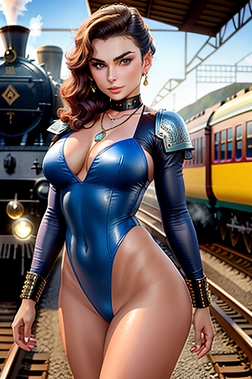 ((Colour)) photo of a young Jean Simmons, at a railway station, steam trains waiting at platforms, steampunk, wearing a sexy leotard,((bare thighs)), smooth skin, sexy butt, necklace, fine beautiful body, (detailed skin features),(detailed face features), beautiful face, (detailed body features), beautiful eyes,
