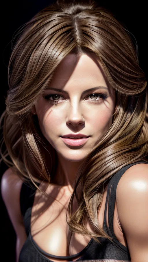 A high resolution highly detailed portrait photography of Kate Beckinsale, seductive smile, glamorous hairstyle, cleavage,
wearing a white tank top,
realistic detailed hair, realistic detailed skin, realistic detailed eyelashes, detailed eyes,
professional makeup, accurate skin,
accurate eyes, accurate teeth, accurate mouth, accurate skin color, accurate skin tone,accurate hair color, accurate hair tone,
pretty teeth, textured skin, pores,
masterpiece, crystal clear, subsurface scattering, professional lighting, black background,
<lora:dpmg_add_detail:1>,
(RAW photo:1.2),
(photorealistic:1.4),
(masterpiece:1.4),
(best quality: 1.2),
