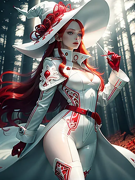6 foot 7 Woman, pale skin, violet eyes, (((long flowing red hair down to her butt))), (((A Skin Tight Matte White Latex Body Suit with Red Filigree))), White Thigh High Boots with Red Laces, ((((A White Trench Coat with a Red, Glowing Liner that reaches down to the ankles)))), A White Witch Hat with a Red Leather Belt and Silver Buckle on it with a glowing Red liner, forest at night, full moon,