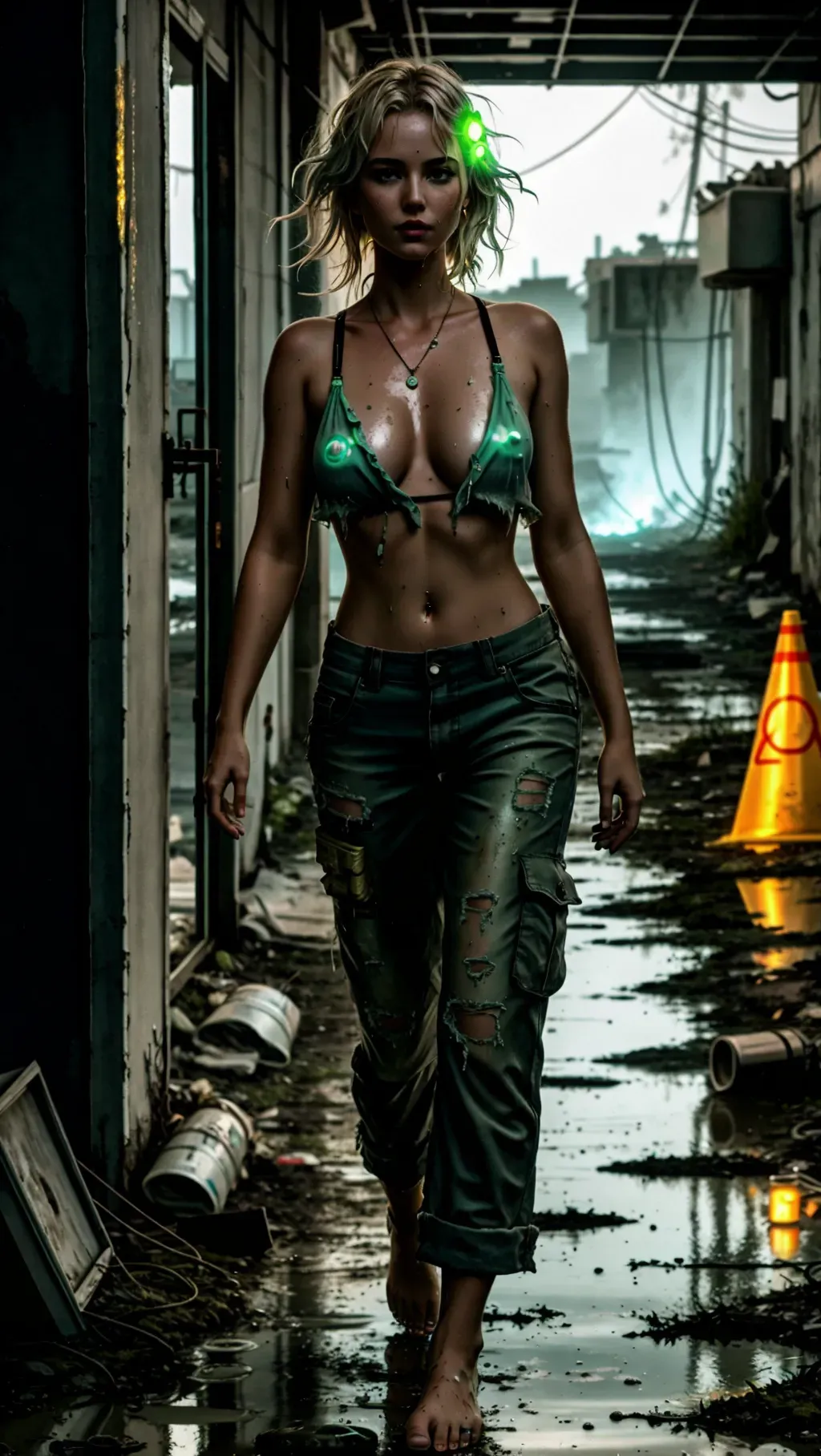 zoomed out, ultrarealistic image, adult barefoot white-skinned female journalist girl with grimy feet and wild unkempt hair wearing casual clothing with a torn shirt and long ankle-length pants and wearing toe rings while wandering a nuclear fallout wilderness with glowing radioactive sludge everywhere, barefoot, barefoot, barefoot, toxic sludge ground, sludge covered feet, exposed nipple, nip slip, luminescent sludge, glowing radioactive toxic sludge, exposed nipple, nip slip, ripped shirt, glowing puddles of sludge, glowing radioactive sludge, ripped clothing, exposed nipple, nip slip, glowing radioactive nipples, erect nipples, glowing radioactive nipples,