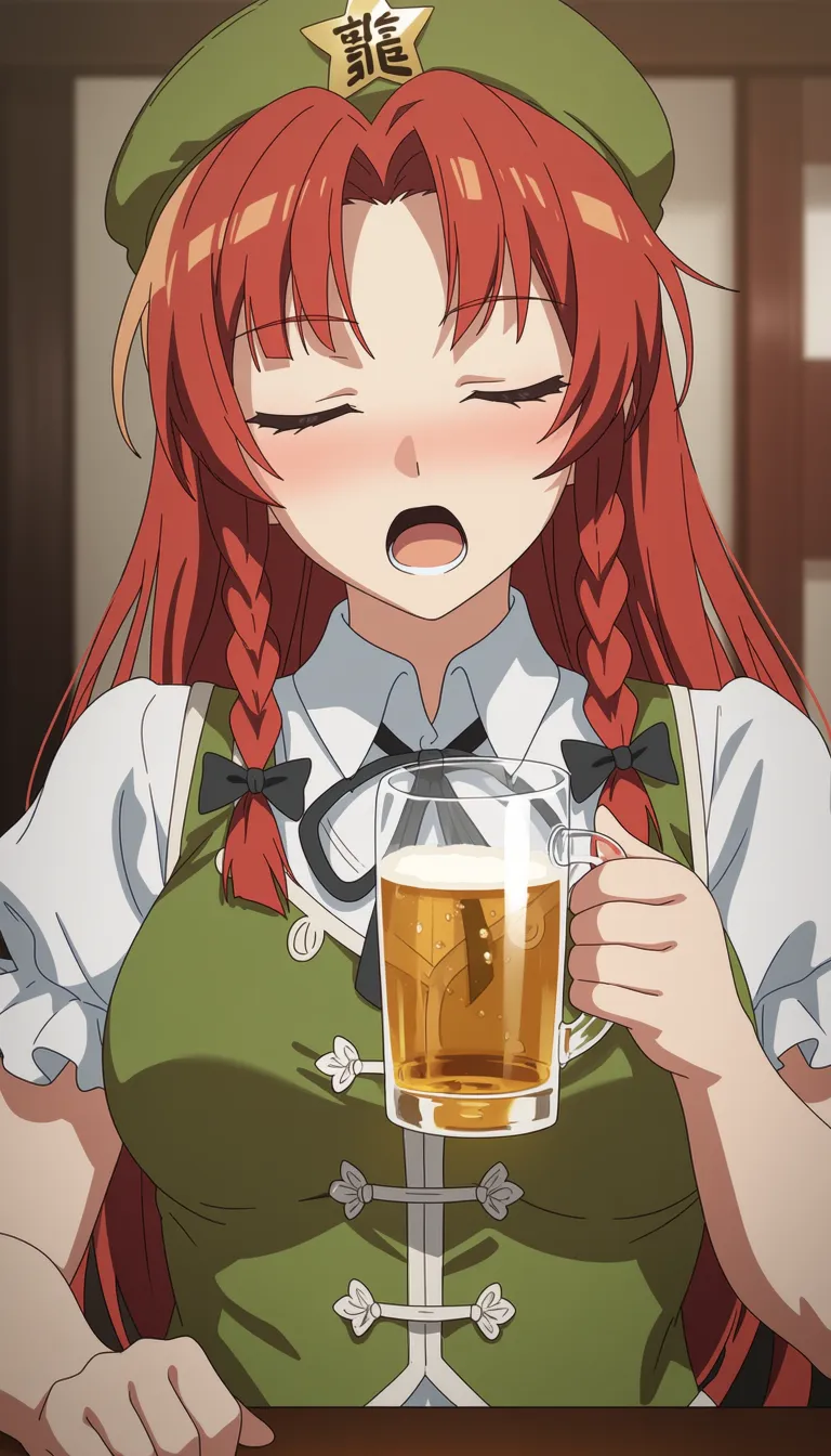 best quality, score_7, score_9, sensitive, very aesthetic, ultra detailed, fair skin, explicit, high contrast, hong meiling,1girl,braid,closed eyes,long red hair,puffy short sleeves,teeth,black bow,black ribbon,collared white shirt,green hat,green vest,hair bow,neck ribbon,puffy sleeves,star hat ornament,open mouth,solo,upper body,beer mug,drinking glass,holding cup,alcohol,beret,facing viewer,