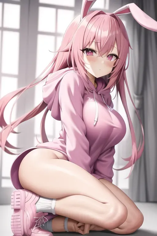 Pink hair, hoodie, bunny girl suit, high socks with shoes, pink eyes, adult