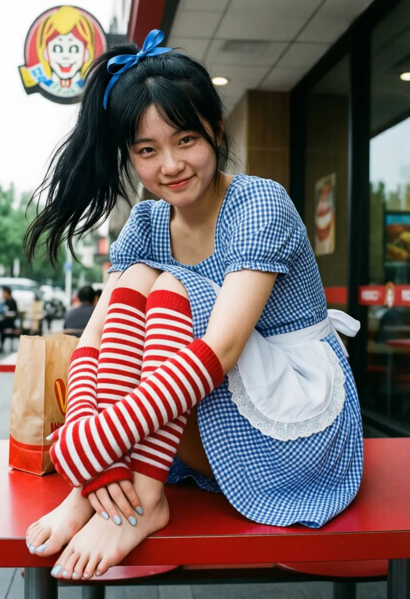An extremely ordinary iPhone photo taken from a low angle, with no clear subject or composition, looking like a careless snapshot. The overall effect is very mediocre, as if it were an accidental photo.
This is a 22-year-old Chinese girl with striking black hair styled in a beautiful ponytail that moves slightly as she moves, tied with a bright blue ribbon. Her fair skin is dotted with light freckles on her cheeks, adding to her fresh, youthful charm. Her smile is gentle and sincere, lighting up her face with a quiet warmth. Her eyes are round and expressive, sparkling with a hint of mischief and kindness. She wears a blue-and-white gingham checkered dress with short, puffy sleeves and a low square neckline, paired with a white apron that has a lace trim tied over it. She accessorizes with red-and-white striped arm warmers and matching thigh-high stockings, adding a playful, whimsical touch to her look. Her overall presence is vibrant, yet naturally graceful, nostalgic yet lively.
She sits on top of a red table at an outdoor seating area of a fast-food restaurant, with the Wendy's sign visible beside the building. She leans slightly, knees bent, hugging her legs. She is barefoot, with pale blue-painted nails resting on the bench seat. A fast food bag sits next to her on the table.