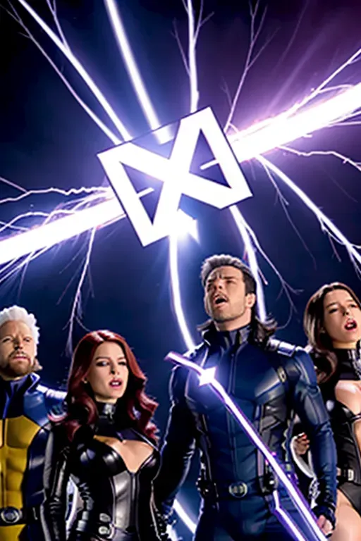 an 8k photo, wide shot, of the cast of X-Men having an orgy, (fucking), white cum, cinematic lighting, big tits, open pussies, squirting, sucking, licking, tan skin