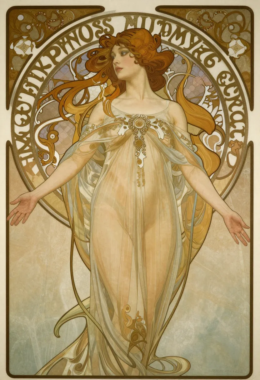 A beautiful thin, waifish, girl with arms spread in a welcoming gesture.
Wearing a sheer dress with naked body visible beneath,
Rich art deco style by Alphonse Mucha