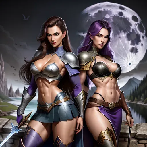 High Resolution, best quality, Artstation style picture, High fantasy like Dungeons and Dragons, two young women in purple and blue armour, skirt to knees, high leather boots, medium breasts, cleavage, toned and slim body, abs, slender arms and legs, small ass, midrif, narrow waist, sensual expression, sharp features, very beautiful face, detailed eyes, arched eyebrows, sexy pose, holding sword in one hand, looking at the viewer, sensual and selfassured smile,
castle on a cliff next to a lake in the background, forest, full moon, moon light,
two arms, two hands, five fingers, detailed fingers, two legs, two feet