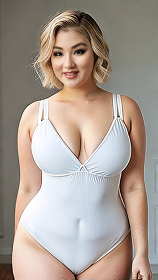 Female,
Tall Slightly chubby girl with small breasts and wide hips and massive thighs and big fat ass, Pale white skin complexion, short blonde hair, wearing Transparent Leotard,
