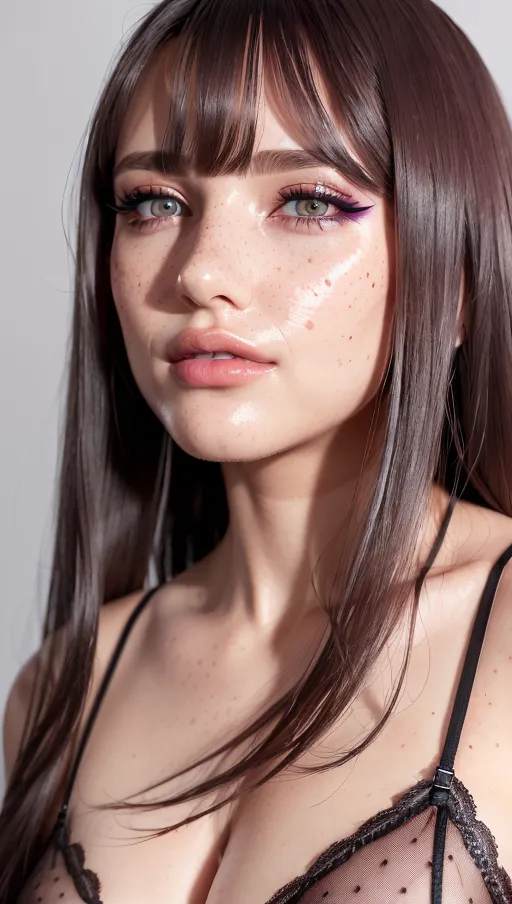 photorealistic, 8k, accurate face, (((detailed face))), (((replicate inspiration face))), freckles, , grey eyes, brown hair
, female face, cute, gorgeous,luxuriously long hair,red lipstick,black eyeliner,violet eyeshadow, parted bangs,lingerie