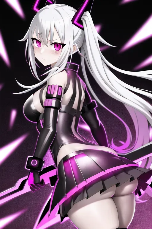 cyberpunk Maka Albarn soul eater school girl neon pink and black and white skirt black long coat long pink hair pear body type thick 40d cup size scythe pink blade
