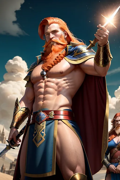 A male ginger wizard with a sword, the wizard is old and have a long beard. magic powers, flying in air. sexy girls in the background. cute girls in the back with perfect butts