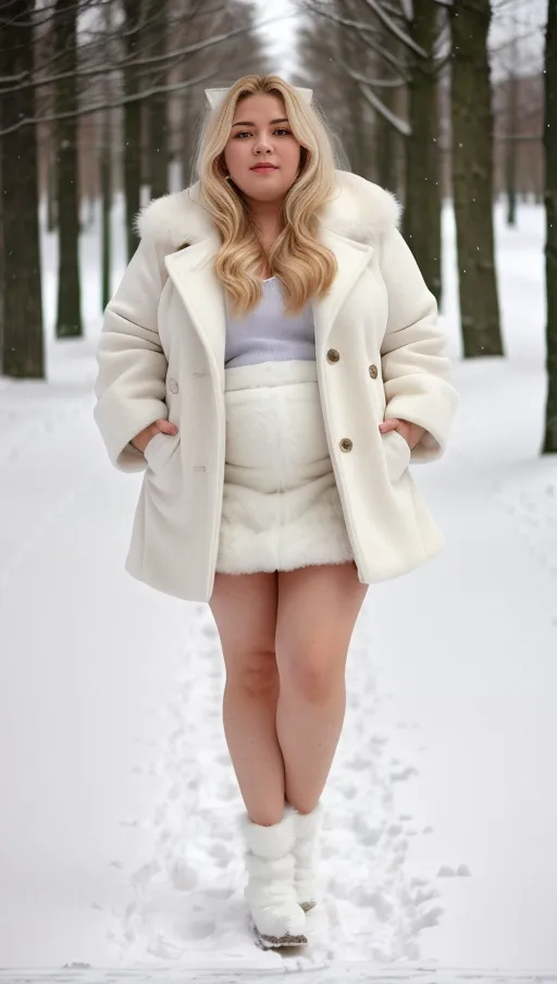 Walking in the snow, wearing a white fur coat, no shirt and tight skirt, wavey hair, borwn hair, slightly chubby face