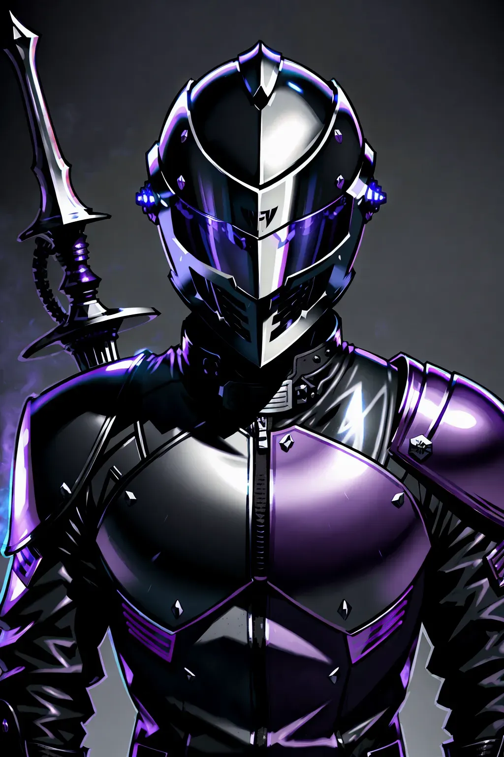 Knight, full face helmet, black leather jacket, purple accents, with a sword, male, 8k wallpaper, best quality, ultra hd, global lighting, hi-resolution, high quality, highly detailed, in a city