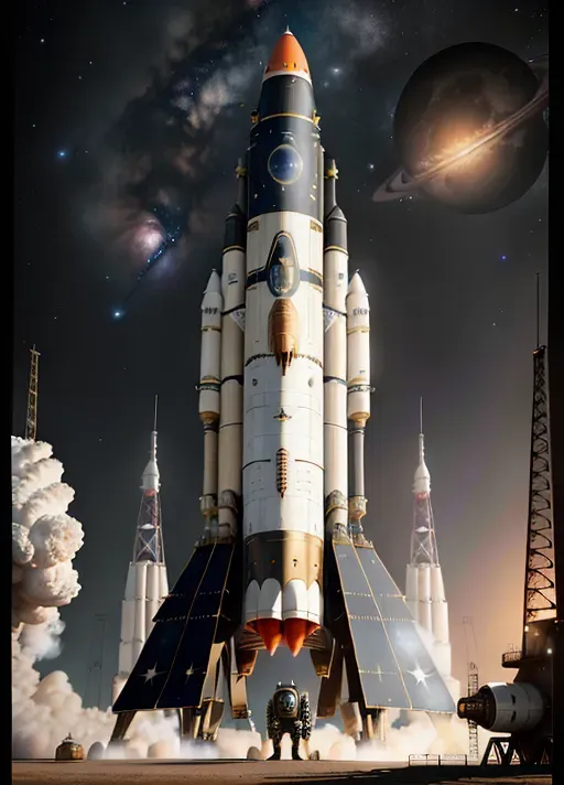 realistic photo, 19th century style space rocket, steam punk, rocket painted black, rocket preparing to launch, with 4 fins, at a spaceport, on the ground, sitting on launch pad, realistic spectacular starfield in background, small moon in sky, ((astronaut in space suit in foreground))