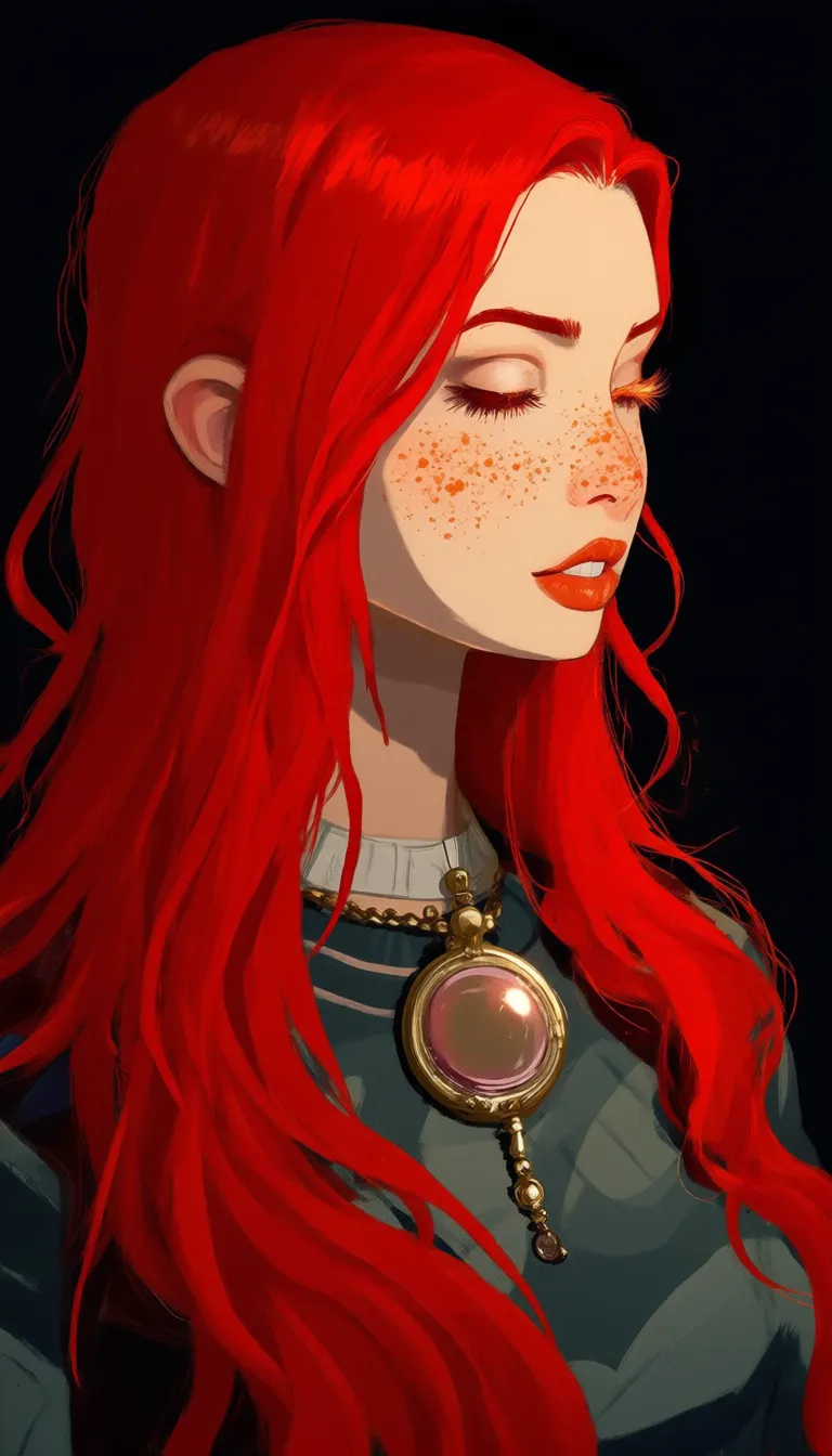 VectorPaintDaal,
a woman with long red hair and freckles on her face, wearing a locket, against a dark background.