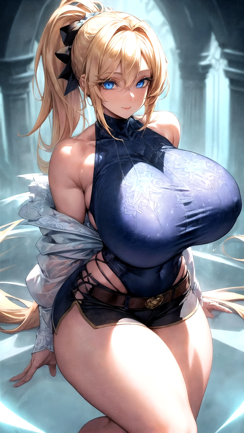 Beautiful, masterpiece, hyper detailed, high quality, (64K resolution), (HDR), (UHD), cinematic lighting, ((park background)), (1girl), solo, female focused, extreme face details, ((whole body image)),
A beautiful woman wearing a tight ((tank top)) and ((shorts)), ((huge boobs)), ((hair in a short ponytail)), belt, athletic body, cleavage, gentle smile, strong legs, (((translucent shirt))), ((thin clothing)), ((Very thick thighs)), (((absolutely massive breasts))), skinny waist, (long eyelashes), ((wide hips)), golden blonde hair, ((bright blue eyes)), ((((hyper detailed eyes))))<lora:dpmg_add_detail:1>