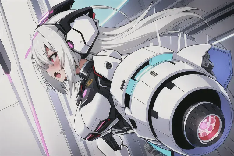Robot girl, robot femal, white hair, light gray skin, cowgirl position, spread legs, female ridimg male, ahegao, 1 male, 1 female, male penetrating female, penis in pussy, penis penetrating pussy, riding penis, vaginal penetration, human male