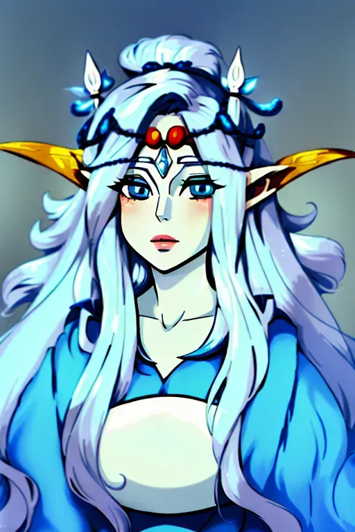 ghibli style , 1 girl, while pale skin like the moon, big elf ears, silver shimmering long neat hair hairstyle, moon elf race, royality, wearing a silky blue nice dress, ((masterpiece)), absurdres <lora:dpmg_ghibli_style:0.92>