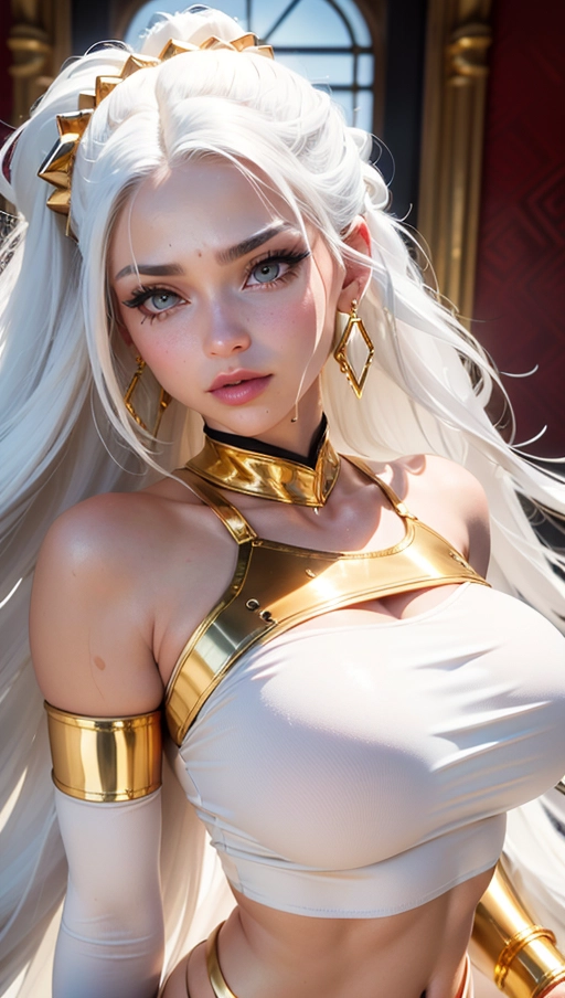 best quality, (((ultra high res))), (((detailed face and eyes))), (perfect face), big shining heart choker, earrings, jewelry, ((long voluminous hair)), (((golden gloves))), ((((white hair)))), ((single ponytail)), ((((straight hair)))), (((golden bracelet))), (((huge golden hair cuff))), (((skintight golden crop top))), (lipstick), ((((neckholder)))), (((skintight))), ((old mansion)), (((her very long hair is going down to the floor))), ((((face closeup)))), ((golden sleeves)), ((face very close))