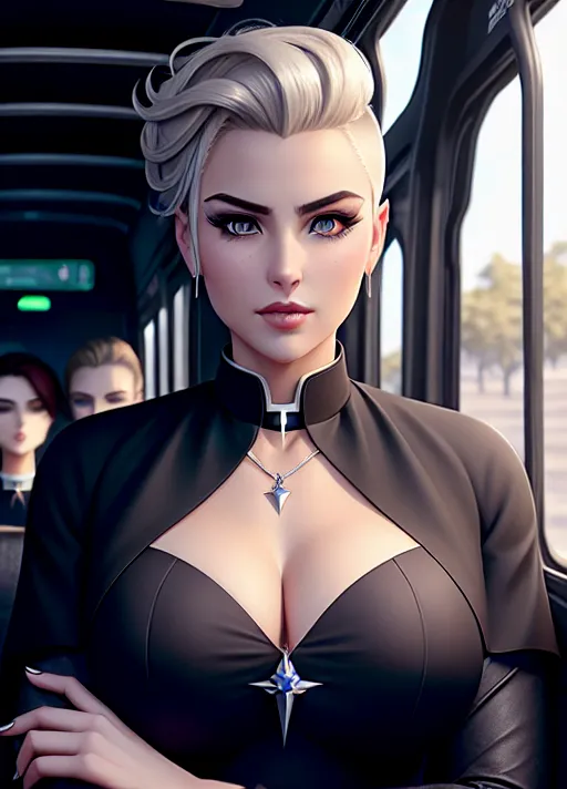 a digital art of,elsa,wearing priest clothes,kneeing,in the bus,big breasts,five fingers per hand,undercut hair,beautiful face,beautiful lips,black eyes,curved eyebrows,curved eyelid,smooth skin,wearing necklace,sharp focus,cgsociety,professional,surreal,highly detailed