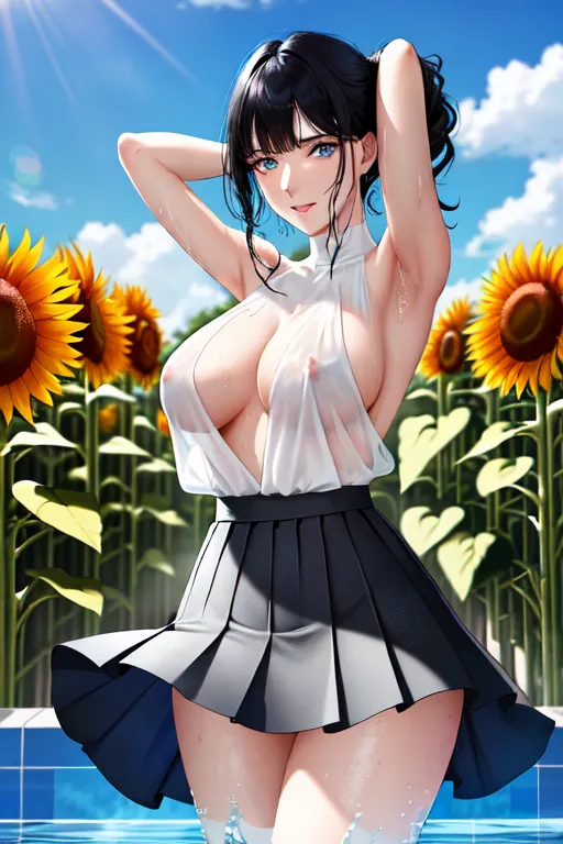 A 8k resolution, eye-level, portrait of a 24 year old white woman with shoulder-length, jet black hair, pale white skin, and electric blue eyes. She looks at us (the viewer) with her mouth slightly open, looking shocked. She is wearing 2 separate pieces of clothing. Her top is an extremely low-cut, tube-top, strapless, sleeveless, which is bright blue and shows the tops of her breasts. She also wears a pleated miniskirt. The skirt is yellow. She stands with her arms raised behind her head. She is at a charcoal barbecue next to a swimming pool. Her skin is wet and shiny. Her hair is wet. Her tube top is soaking wet and see-through, translucent. Water drips off her face and breasts. She is not wearing a bra and has large pink nipples which are visibly erect. She has small perky breasts. Her clothing is soaking wet and clings to her body. Her skirt has a sunflower print on the fabric. There are NO sunflowers except on the skirt. The sky is very blue with bright noon day lighting, casting hard shadows