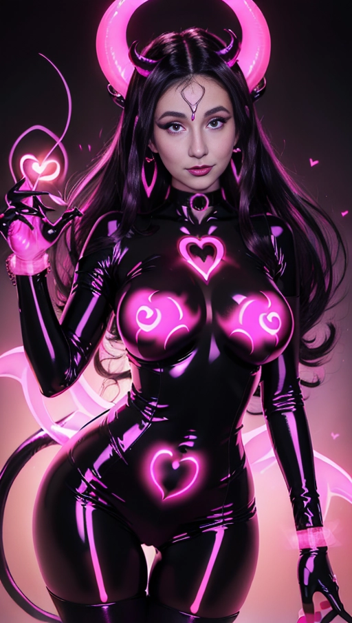 best quality, (((ultra high res))), (((detailed face and eyes))), (perfect face), (big shining heart choker), earrings, jewelry, (((big glowing succubus mark))), ((((big glowing succubus bodymark)))), (((conjuring))), (witch), ((long voluminous hair)), (((latex gloves))), ((black hair)), (((golden bracelet))), (((huge hair cuff))), (((pink skintight neckholder dress))), (((pink glowing dress))), ((face closeup)), (lipstick), (((neckholder))), ((((demon tail)))), ((black long sleeves)), ((purple glowing heart)), (((big cameltoe))), (((demon mark))), heart on womb, (((((bright pink glowing skin tone))))), (((straight black hair))), ((pink glowing clothes)), ((huge boobs)), ((luminescent))