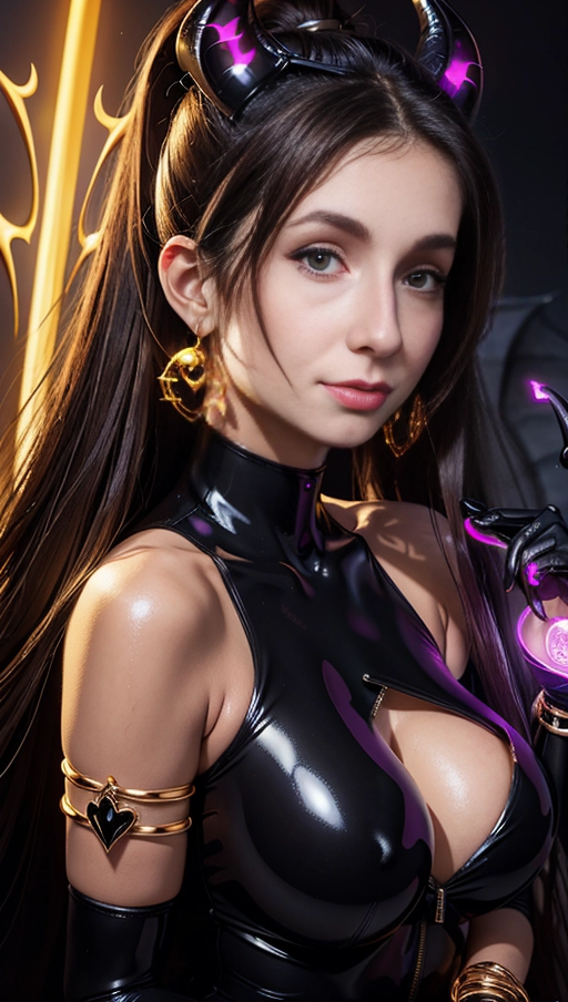 best quality, (((ultra high res))), (((detailed face and eyes))), (perfect face), big shining heart choker, earrings, jewelry, (((big glowing succubus mark))), ((((big glowing succubus bodymark)))), (((conjuring))), (witch), ((long voluminous hair)), (((black gloves))), ((brown hair)), straight hair, ((perfect boobs)), (((golden bracelet))), ((single ponytail)), (((huge hair cuff))), chains, ((skintight suit)), ((face closeup)), purple