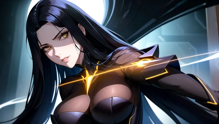masterpiece, best quality, nsfw, detailed background, uncensored, ultra realistic face, (perfect eyes), perfect edges, two arms, two hands, five fingers per hand, two breasts, two mnipples, ultra realistic, hair with great details, face photorealistic, perfect face, perfect anatomy, perfect lightning, (soft focus), (smooth lines),
shadowy robed figure, tall and impoing, cartoon style with exaggerated features, beautiful face, hidden in shadow, stylish art, (portrait of full character), shrouded, black gown, yellow and black color scheme, pensive, wizard, cybernetic, cyborg arms, pointy hat, dreamlike atmosphere, soft lighting, masterpiece, high quality, powerful presence