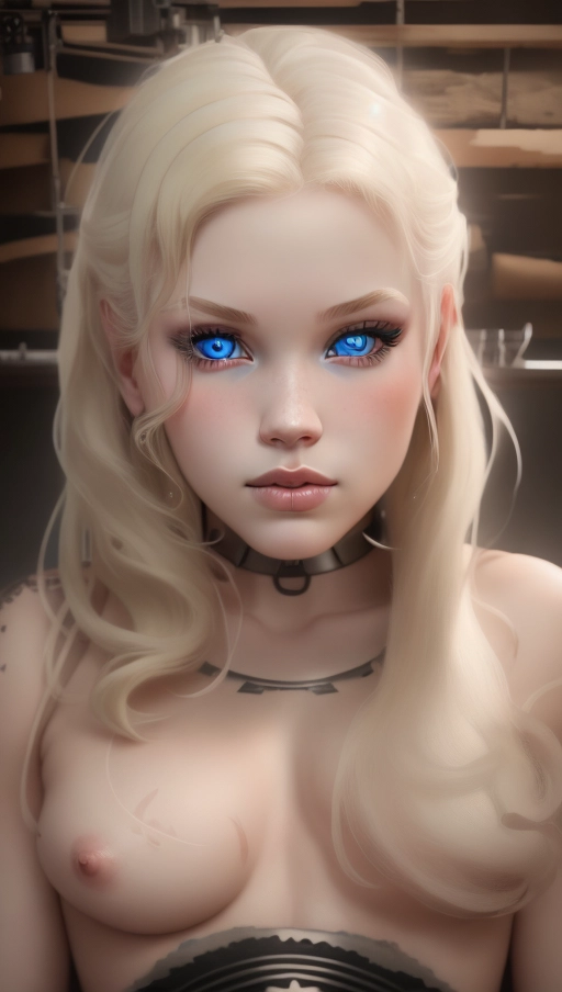 Young heavy metal woman, cute face, Blue eyes, rosy cheeks, pale skin, wavy blonde hair, heavy eyeshadow, tattoos, nude, small breasts, highly detailed skin textures, highly detailed eyes, blank white background, lip ring