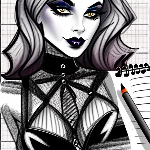 sketch of beautiful goth girl taking selfie, pencil sketch on lined paper, art, rapid pencil sketch, guide lines visible, no shading, pencil sketch of woman, pencil sketch of goth, realistic drawing, true to life, lined paper sketch,