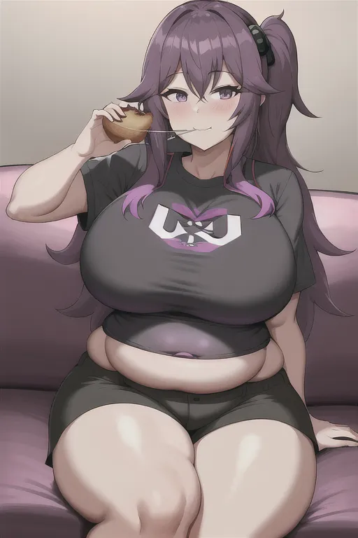 UHD, 1girl, milf, onee-san, cocky, sitting on couch, eating, snacking, black gray shorts, bright purple t-shirt, very fat, big belly, muffin top, chubby, wide waist, overwight, obese, growing, too fat, weight gain, anime style, vibrant colors, bright colors,