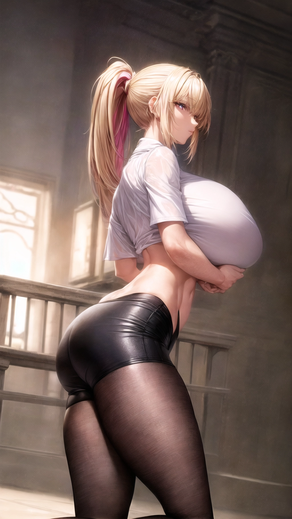 Beautiful, masterpiece, hyper detailed, high quality, (64K resolution), (HDR), (UHD), cinematic lighting, ((park background)), (1girl), solo, female focused, extreme face details, (whole body image), ((side view)),
A beautiful woman wearing a tight ((crop top)) and ((running shorts)), ((huge boobs)), big butt, thigh gap, ((hair in a short ponytail)), athletic body, 25 years old, strong legs, (((translucent shirt))), ((thin shirt)), ((Very thick thighs)), (((absolutely massive breasts))), ((skinny waist)), (long eyelashes), ((wide hips)), golden blonde hair, ((bright pink eyes)), ((((hyper detailed eyes))))<lora:dpmg_add_detail:1>