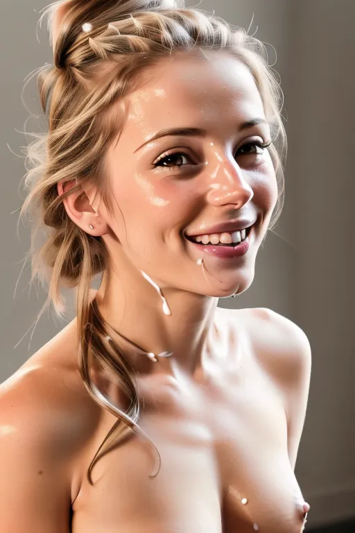 a 8k high resolution photo of
smiling freya allan
, full body,
((((looking straight into the camera))))
((((Lacey tee))))
revealing nipples
(((detailed female anatomical features)))
curved eyelids
beautiful lips
small breasts
((Topless))
(((Cum on chin)))
textured skin
(messy bun hairstyle)
threesome
((<lora:dpmg_licking:1>))
((dpmg_face_cum_v1))