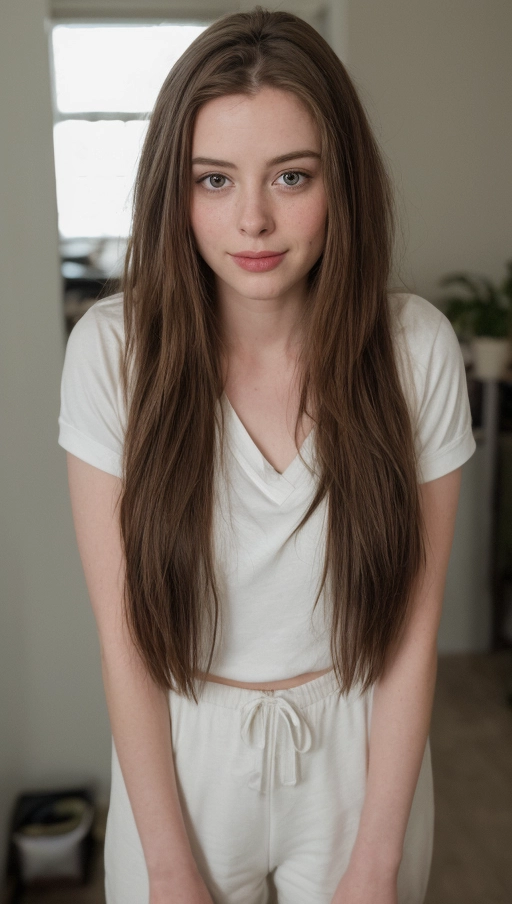 photograph of Gillian Jacobs, (seductive:1.2), (shy, cute, innocent, submissive:1.4), (full body:0), (smiling facial expression:1.1), (accurate face:1.4), (confident eyes:1.4), textured skin, goosebumps, freckles, (long flowing brown hair:1.4), (loose deep V white shirt:1.3), (sweatpants:1.3), (big breasts:1.2), (cleavage:0), (standing:1.2), in office, (tattoos:1.3), (eyeliner:1.1), (lipstick:1.1), looking at viewer, (beautiful detailed eyes:1.2), (accurate mouth:0), (high angle:1.1), Porta 160 color, ARRI ALEXA 65, bokeh, sharp focus, masterpiece, best quality, 8k, highly detailed
