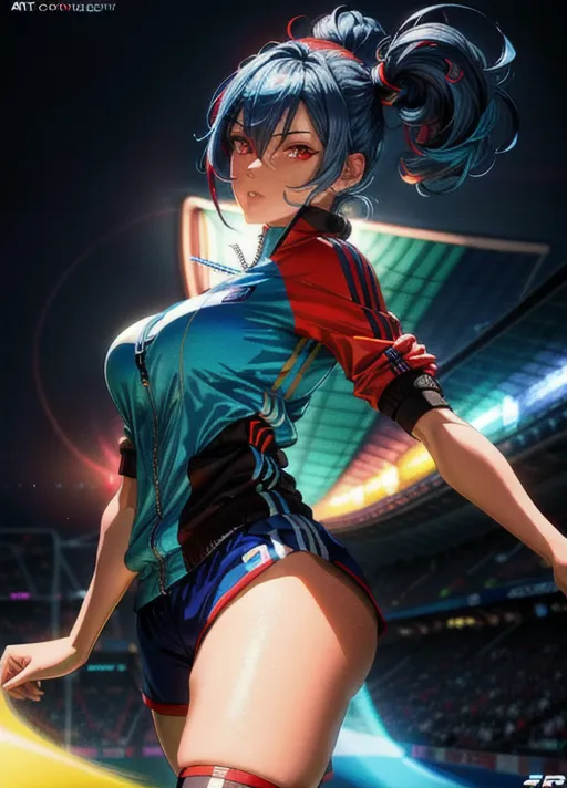 Best quality, high res, 1 adult woman, (futuristic poster of adult woman posing for a soccer pin up, stepping on a soccer ball), (blue hair with twintails and neon headphone), (oversized blue unzipped jacket, thigh socks), (correct human anatomy), ((extremely detailed face, extremely detailed red eyes:1.3)), (beautiful detailed lips:1.1), looking down at viewer with smug expression, stunning dreamy atmosphere, beautiful colourful lighting, close up cinematic composition, vivid colours, soft artwork, (candid:1.3), (flat shading stylised art:1.15), <lora:dpmg_add_detail:1.05>, on a futuristic soccer field, bright spotlights with abstract night clouds, (physically-based ray tracing, photon mapping, photorealistic:1.35), high quality masterpiece, 4k, HDR, UHD, high quality fingers, perfect arms, highly detailed digital painting, visually stunning, trending on artstation, soccer player poster