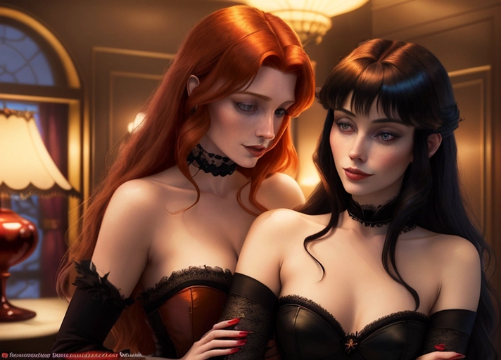 midnight in 1879 in the luxury penthouse suite at hotel Transylvania, Beautiful innocent long auburn haired with large deep blue eyes Queen Anna of Arendelle in elegant black gothic style posing hypnotized, in the hungry embrace of her new vampiric short black haired friend Mavis with a blood thirsty smile from Hotel Transylvania convincing Anna to join her as a vampire. photorealistic. photorealistic.