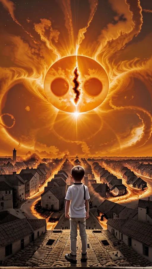 ((the sun in the sky has a thin black oval inside it)),
(The village beneath is on fire),
(A boy wearing white stares up at the eye in the sky),