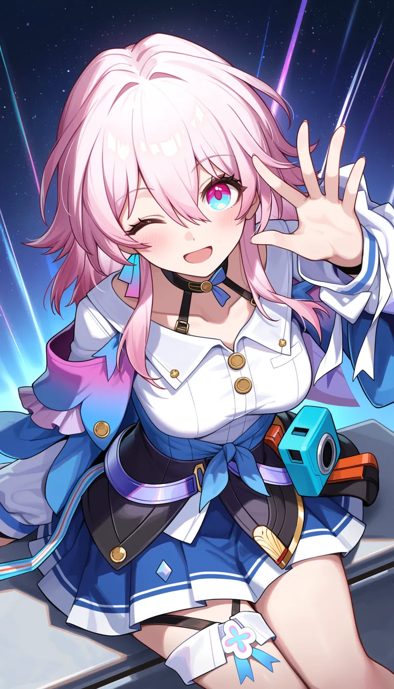 honkai: star rail, honkai \(series\), march 7th \(honkai: star rail\), march 7th \(preservation\) \(honkai: star rail\), 1girl, aqua eyes, blue skirt, blush, collarbone, collared shirt, hair between eyes, hair ornament, looking at viewer, medium hair, multicolored eyes, one eye closed, open mouth, pink eyes, pink hair, shirt, sitting, skirt, smile, solo, two-tone eyes, white shirt, masterpiece, best quality, amazing quality, highres, absurdres, newest, very awa, dynamic pose, dynamic compositionhonkai: star rail, honkai \(series\), march 7th \(honkai: star rail\), march 7th \(preservation\) \(honkai: star rail\), 1girl, aqua eyes, blue skirt, blush, collarbone, collared shirt, hair between eyes, hair ornament, looking at viewer, medium hair, multicolored eyes, one eye closed, open mouth, pink eyes, pink hair, shirt, sitting, skirt, smile, solo, two-tone eyes, white shirt