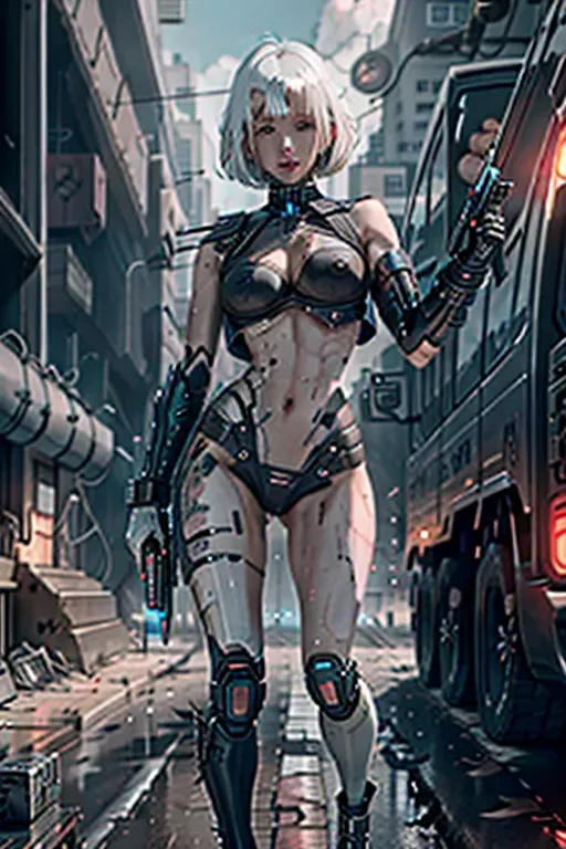 a digital painting of lucyna kushinada from cyberpunk shooting a laser rifle in a gunfight with torn clothes. shredded clothes. black singlet. sleeveless. armless. (ripped clothing:1.2). wounds. scrapes. (scratches:1.2). <lora:dpmg_black_see_through:1>. urban. action scene. combat. tracers. action. <lora:dpmg_scifi:0.6>. athletic. natural breasts. small tits. saggy tits. 20. blue eyes. (white hair:1.2). bangs. short hair. bob haircut. angled bob haircut. five fingers per hand. beautiful face. pretty face. small mouth. thin lips. curved eyebrows. editorial. pixiv. 8k. ultra realistic. masterpiece. (german:0.4). (korean:1). (japanese:0.6). lucy from cyberpunk. (cyborg:0.2). (cyberpunk:0.8). (robot skin:1). (nude:0.8). nsfw. (robot body:0.6). pink eyeliner. skinny. (muscular:0.2). crotchless. vagina. realistic pussy. (mechanical:0.8). sweaty. cyberskin. bottomless. white eyebrows. exposed arms. exposed legs. explosions. fire. injured. (fighting:1.2). firefight. (wounded:1.2). action pose. blaster rifle. battle. intense. realistic weapons