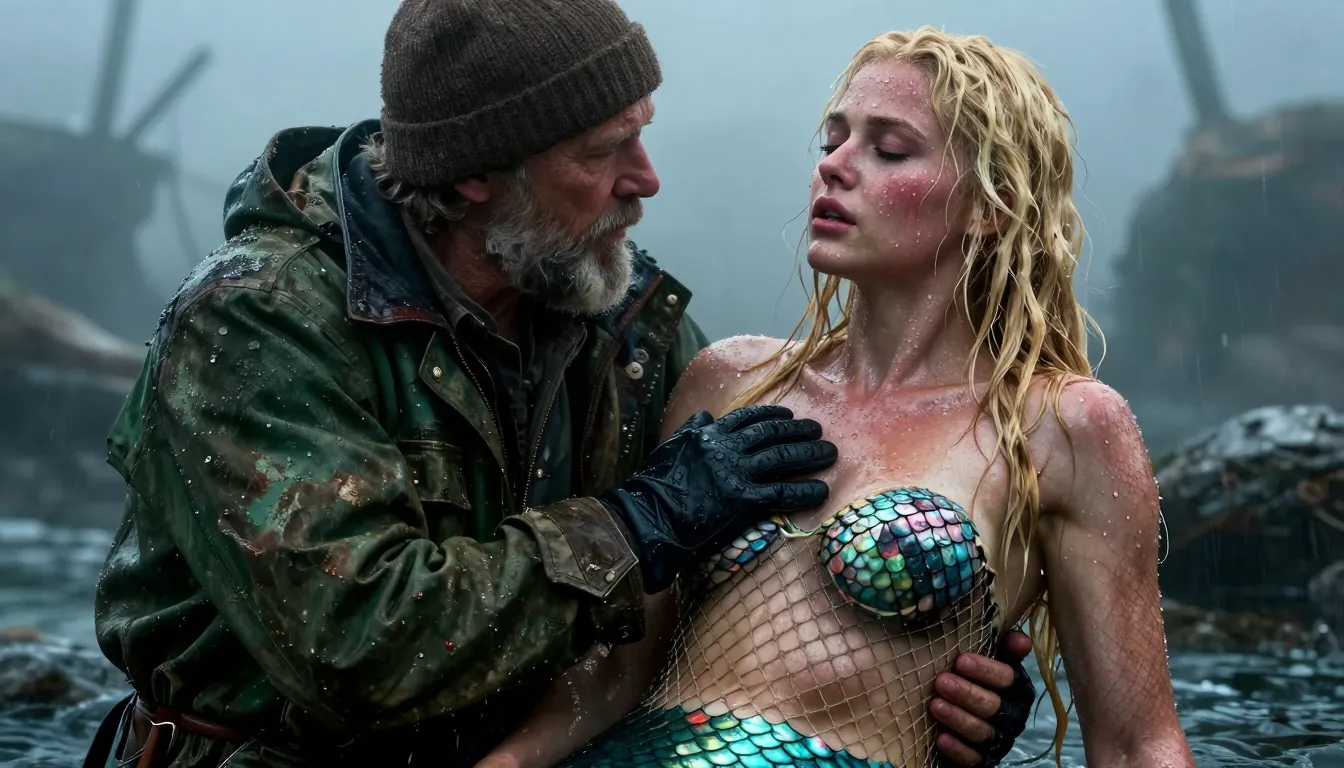 This photograph captures a dramatic, wet, and cold scene featuring a bearded older man in a green, weathered jacket and brown beanie, gripping a wet, fair-skinned, blonde-haired mermaid woman with closed eyes and a flushed expression. The mermaid has a fishnet-like scale pattern over her chest, with visible scales on her arms and lower body, and her wet hair cascades down her back. The man's gloved hand is on her chest, while his other hand holds her waist. The background is misty and foggy, suggesting a cold, maritime environment. The image has a realistic, cinematic style, with detailed textures and a moody, atmospheric color palette. .