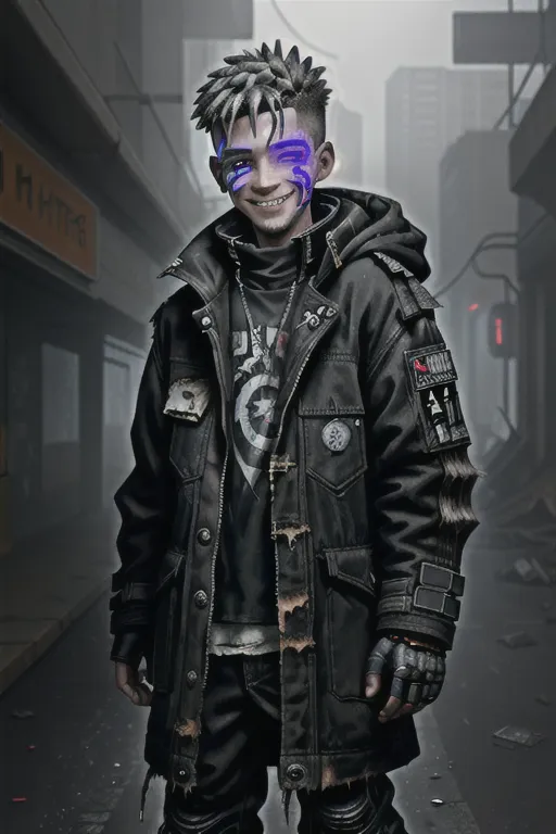 A digital pic of a cyberpunk kid in a too big worn out black dusty coat, all his clothing untidy, with his hands inside the pockets, wearing a white cracked helmet, sporting a crazy smile